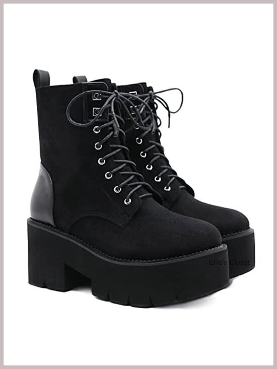 Shoes - Platform Combat Boots Lace Up&Zipper Ankle Boots Chunky Heel